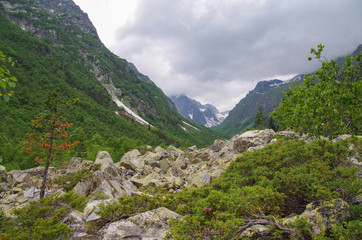 Dombay. Trek to Badouk lakes. Nature and travel. Russia, North Caucasus, Karachay-Cherkessia, Teberda Nature Reserve