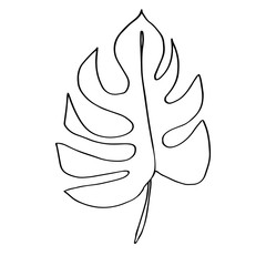 Contour line drawing leaf of monstera.  Modern minimalism art, aesthetic contour. Pastel Scandinavian color palette.