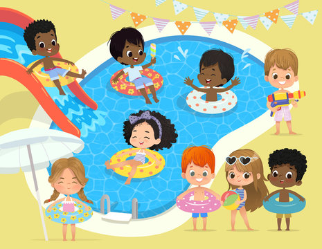 Pool party Kids. Multiracial children have fun in pool. Little Girl in Swimsuit Funny Summer Vacation. Boy with a toy water gun. Children playing in the water