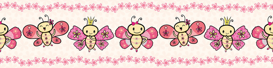 Cute pink hand drawn Kawaii style dancing butterflies border with floral edging. Seamless vector pattern on cream flower textured background. Great for stationery, birthday, party, giftwrap, fabric