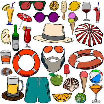 Very large set of tourism and recreation, cocktails, glasses, hat, fruit, shells and more. The style of careless drawing. Wallpapers, images or stickers.