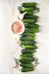 Fresh garden organic cucumbers in row ready for pickled with garlic, dill and pink Himalayan salt...