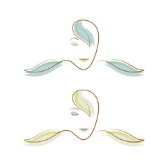 The girl's face with closed eyes, framed by colored leaves, petals Logo for beauty salons, massage parlors.