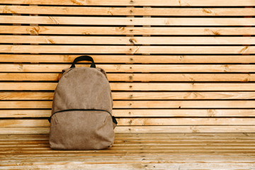Hipster backpack closeup. The view from the front bags travel bags of the traveler against the...