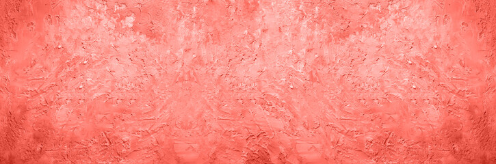 Abstrakter Zementbetonhintergrund. Schmutzbeschaffenheit, Tapete. Trendige Korallenfarbe des Jahres 2019. Draufsicht, Kopierraum. Banner © jchizhe