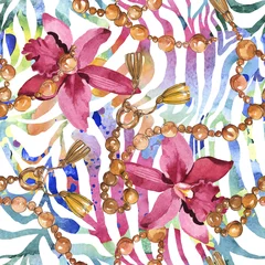 Tapeten Blumenelement und Juwelen Goldene Ketten skizzieren Illustration in einem isolierten Element der Aquarellart. Nahtloses Hintergrundmuster.