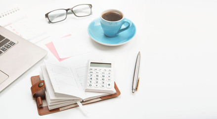 Work place top view,business objects on white empty space background.