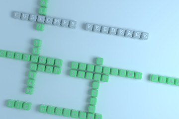 Customer Feedback, marketing keyword crossword. For web page, graphic design, texture or background. 3D rendering.