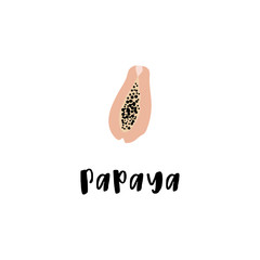 Doodle illustration with papaya. Logo template for your design. Vegetarian eating. Vector clipart.