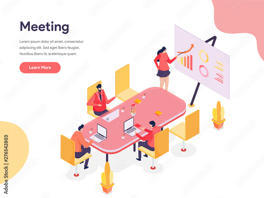 Poster meeting room isometric illustration concept. isometric design concept of web page design for website