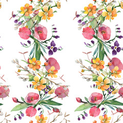 Bouquet floral botanical flowers. Watercolor background illustration set. Seamless background pattern.