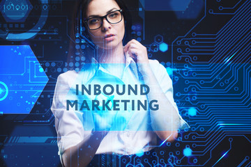 The concept of business, technology, the Internet and the network. A young entrepreneur working on a virtual screen of the future and sees the inscription: Inbound marketing