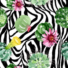 Obraz premium Green cactus floral botanical flowers. Watercolor background illustration set. Seamless background pattern.