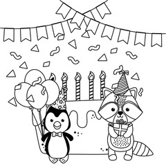 Animals cartoons with happy birthday icon design