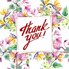 Bouquet floral botanical flowers. Watercolor background illustration set. Frame border ornament square.