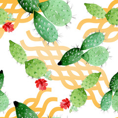 Green cactus floral botanical flowers. Watercolor background illustration set. Seamless background pattern.