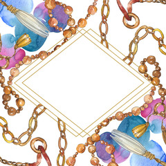 Golden chains sketch watercolor style element. Watercolour background illustration set. Frame border ornament square.