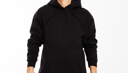 man in black sweatshirt on white background - male hoodie mock up, black hood blank