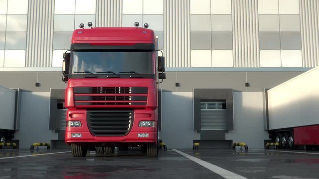 Red semi trucks loading and unloading goods at warehouse dock. Parallel front view tracking shot. Seamless loop. Realistic high quality 3d animation.