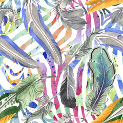 Watercolor bird feather from wing isolated. Aquarelle feather for background. Seamless background pattern.