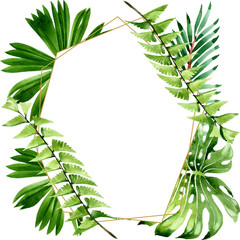 Palm beach tree leaves jungle botanical. Watercolor background illustration set. Frame border ornament square.