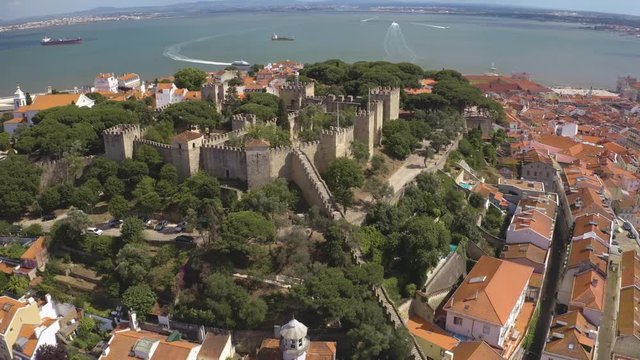 St. George castle, Lisbon, Portugal, Europe. 4k aerial drone view