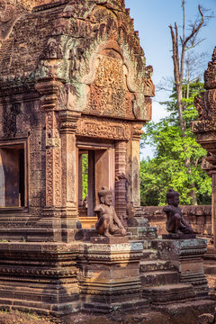 Karuda Bird Gardians Carvings at Banteay Srei Red Sandstone Temple, Cambodia