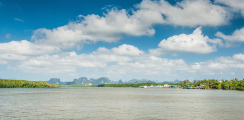 Sea in Thailand, Krabi province, aerial view of tropical Krabi area and coastline of Andaman sea from boat. Thailand.