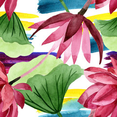 Red lotus floral botanical flower. Watercolor background illustration set. Seamless background pattern.