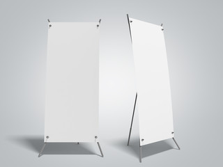 Blank roll up banner 3d render on grey gradient