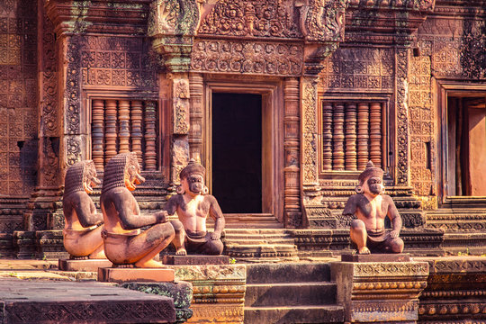 Karuda Bird Gardians Carvings at Banteay Srei Red Sandstone Temple, Cambodia