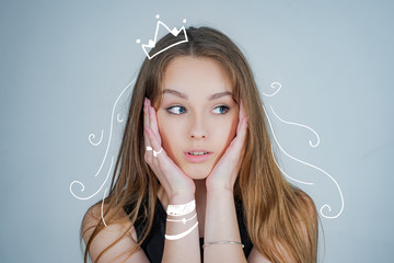 Princess, queen. Girl is always happy to hear interesting stories. People emotions concept.