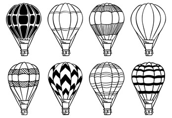 Hot air balloons set. Vector illustration.  Aerostat for decoration for holidays, travel, greeting cards, wedding, invitations, summer, holidays and greetings,  scrapbooking and wrapping paper 
