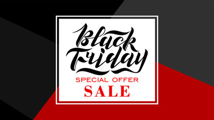Handwritten modern brush lettering for Black Friday sale on a red and black background. Cool logo for banner, flyer, label, poster