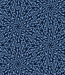 Indigo blue hand drawn coral pattern. Repeating organic leaves seaweed texture. Monochrome plant surface design textile swatch. Japanese style dyed all over print. Trendy seamless vector background