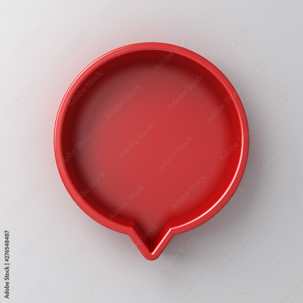 Poster Blank red round social media notification or speech bubble sign pin isolated on white wall background with shadow 3D rendering