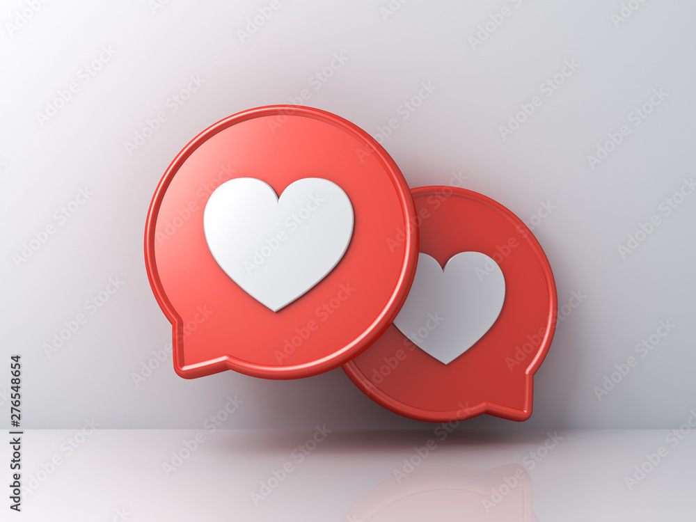 Poster 3d social media notification love like heart icons on red round speech bubbles isolated on white color wall background with shadows and reflections 3D rendering