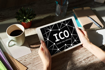 ICO - Initial coin offering. Blockchain and financial technology concept.