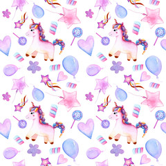seamless design. unicorn. Balloons. candy on a stick. marshmallows. flower. magic wand star. watercolor. happy Birthday
