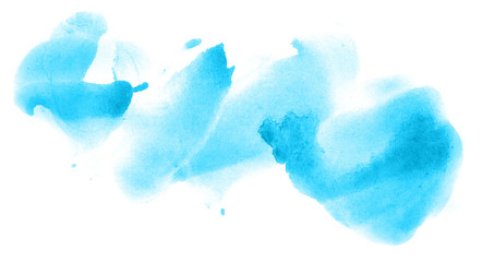 Abstract watercolor background hand-drawn on paper. Volumetric smoke elements. Cyan blue color. For design, web, card, text, decoration, surfaces.