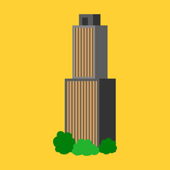 Downtown skyscraper with skyline reflections on shiny glass facades. Modern flat style vector illustration isolated on background.