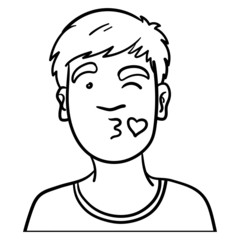 Vector comic drawing of a boy's head in love. black, white, outline, doodle, sketch, ink, kiss, wink.