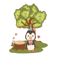 Penguin cartoon with happy birthday icon design
