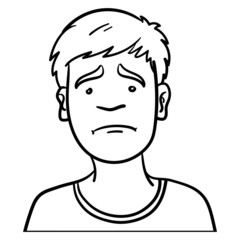 Vector comic drawing of a boy's head that is sad. black, white, outline, doodle, sketch, ink.