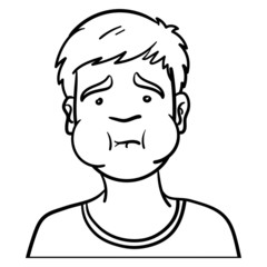 Vector comic drawing of a boy's head who is ill. black, white, outline, doodle, sketch, ink.