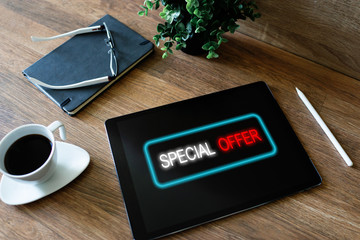 Special offer message on device screen. Sales and marketing, promotion and advertising concept.