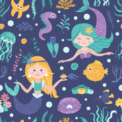 Seamless pattern with cute mermaids, seaweed and fishes