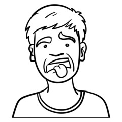 Vector comic drawing of a boy's head who is disgusted. black, white, outline, doodle, sketch, ink.