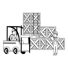 Warehouse workers with merchandise in black and white