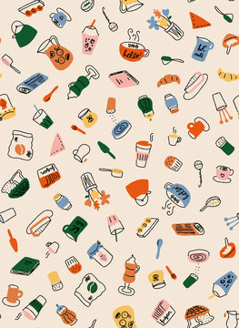Colorful coffee store elements seamless pattern in light background. Brunch and teatime hand drawn icons for backgrounds, textile, wrapping paper and wallpaper